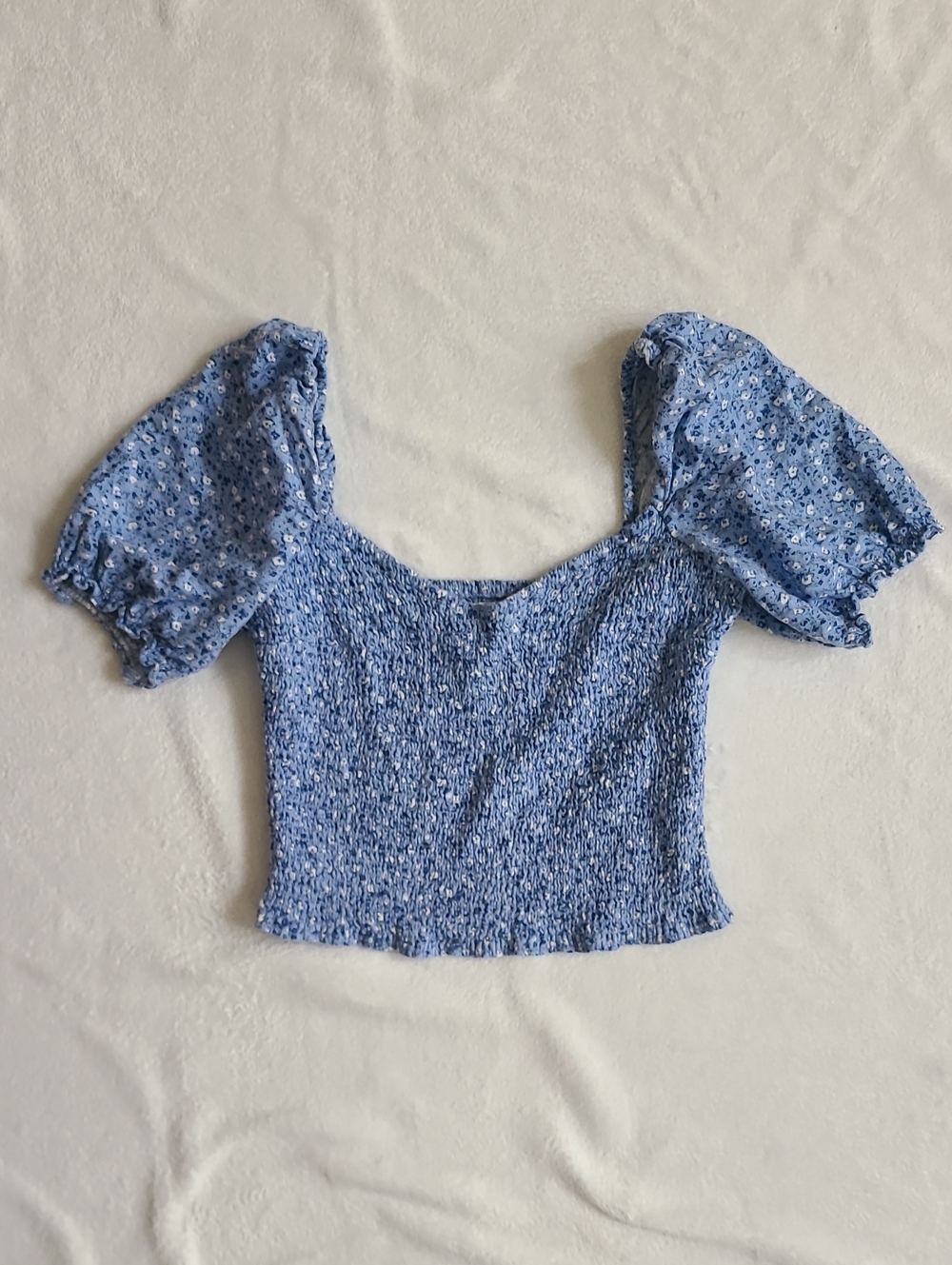 Abercrombie & Fitch Ditsy Floral Smocked Puff Sleeve Crop Top Large Linen Blend